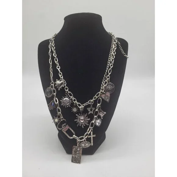 Silver Tone Charm Necklace Tarot Sun Evil Eye Hamsa Hand Cross Hearts Stars Goth - Picture 1 of 10